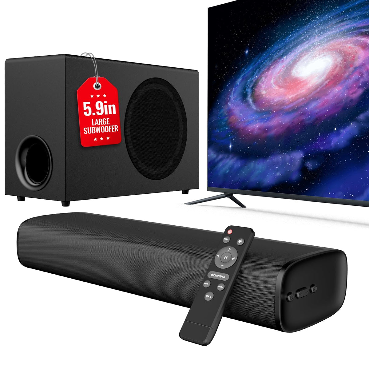 Vibeadio upgraded sound bar front view showing compact design and immersive TV listening.