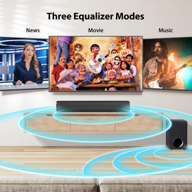 Vibeadio upgraded sound bar wall-mount-or-shelf shows flexible placement.