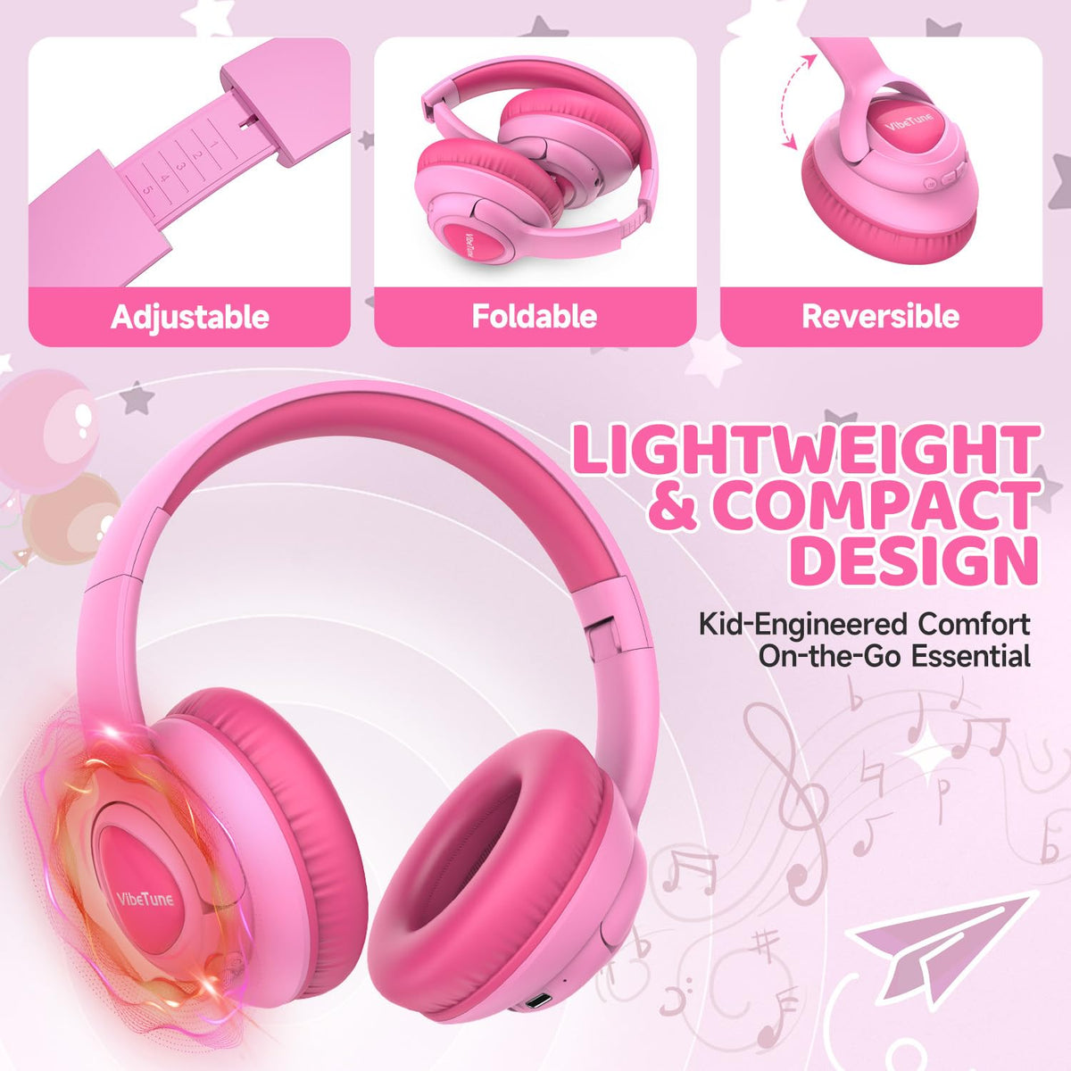 VibeTune pink headphones using Bluetooth 5.4 for stable connections and quick pairing.