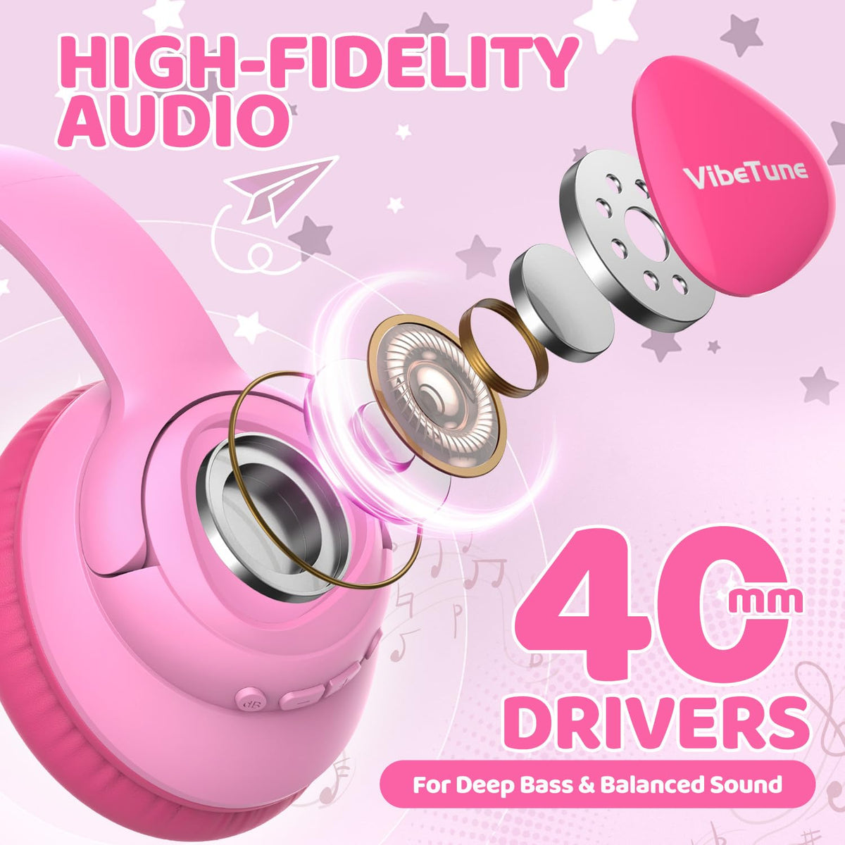 VibeTune pink foldable headphones designed for easy packing on the go.