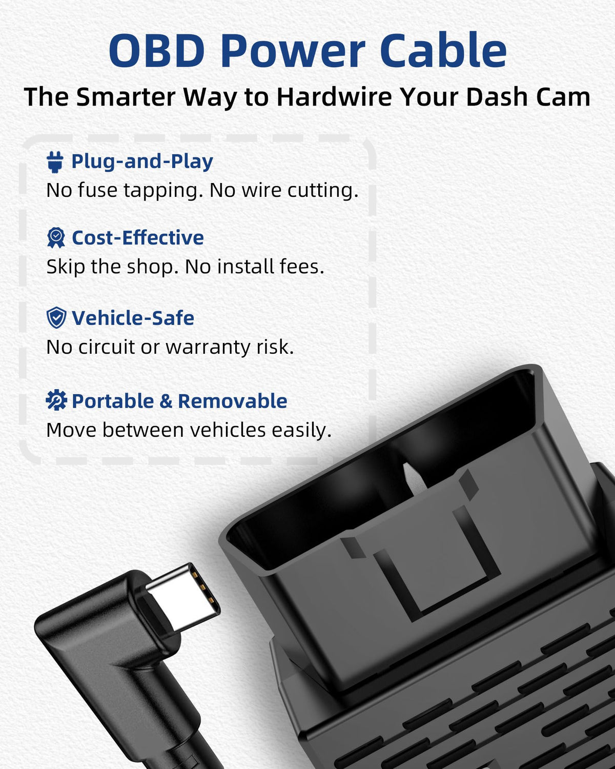 VibeXtr dashcam OBD power cable connected to dash cam for clean, hidden wiring.