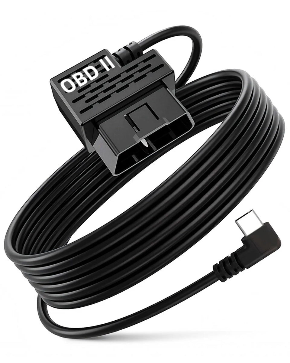 VibeXtr dashcam OBD power cable packaging illustrates easy plug-and-play installation.