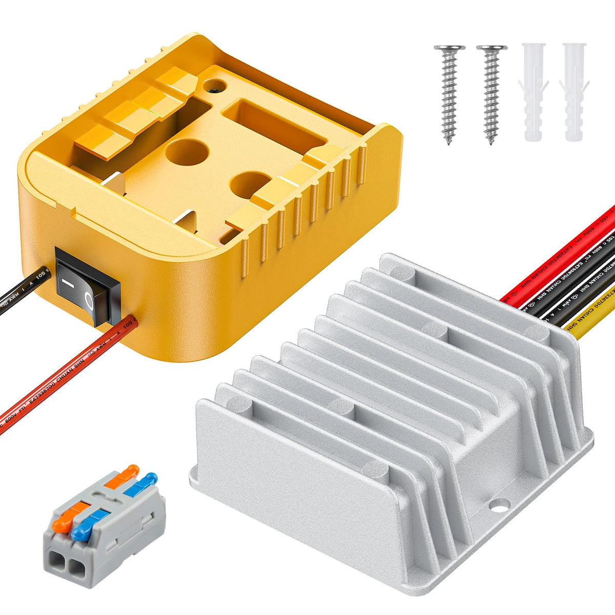 Vibit step-down converter connecting with Dewalt DCB203 battery for portable power