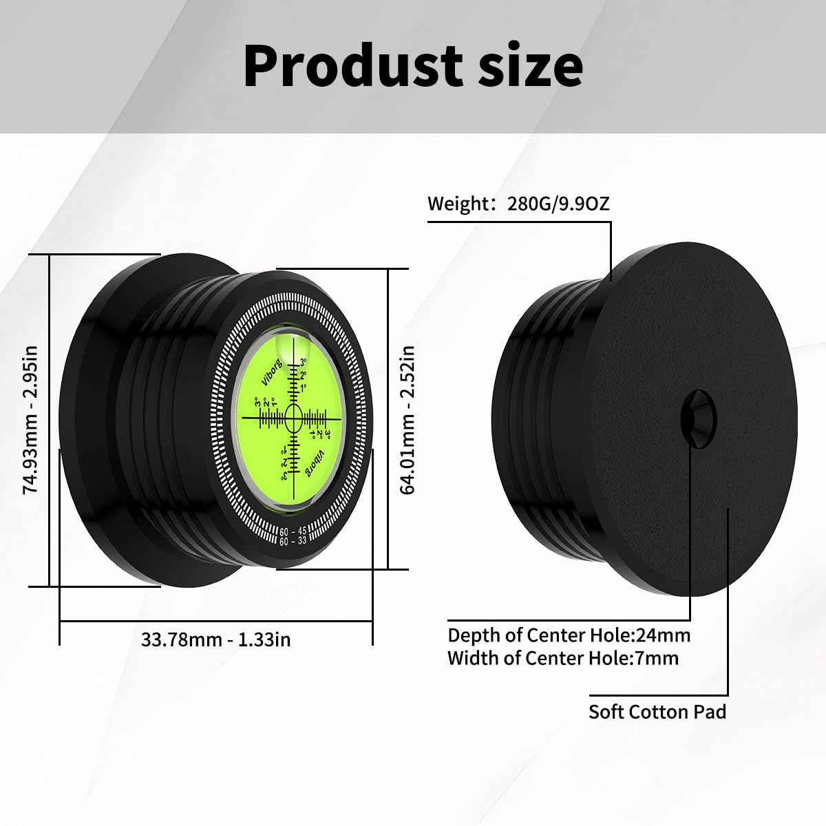 Viborg LP628B center bubble level for precise turntable leveling.