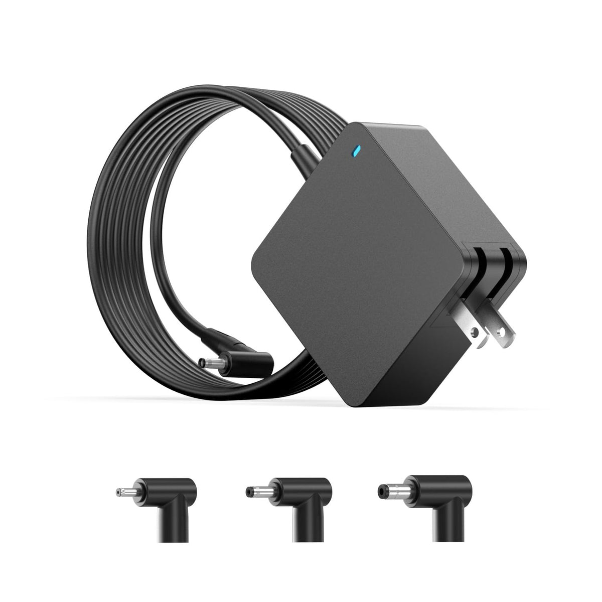 Vicgee laptop charger with foldable plug for compact travel and storage.