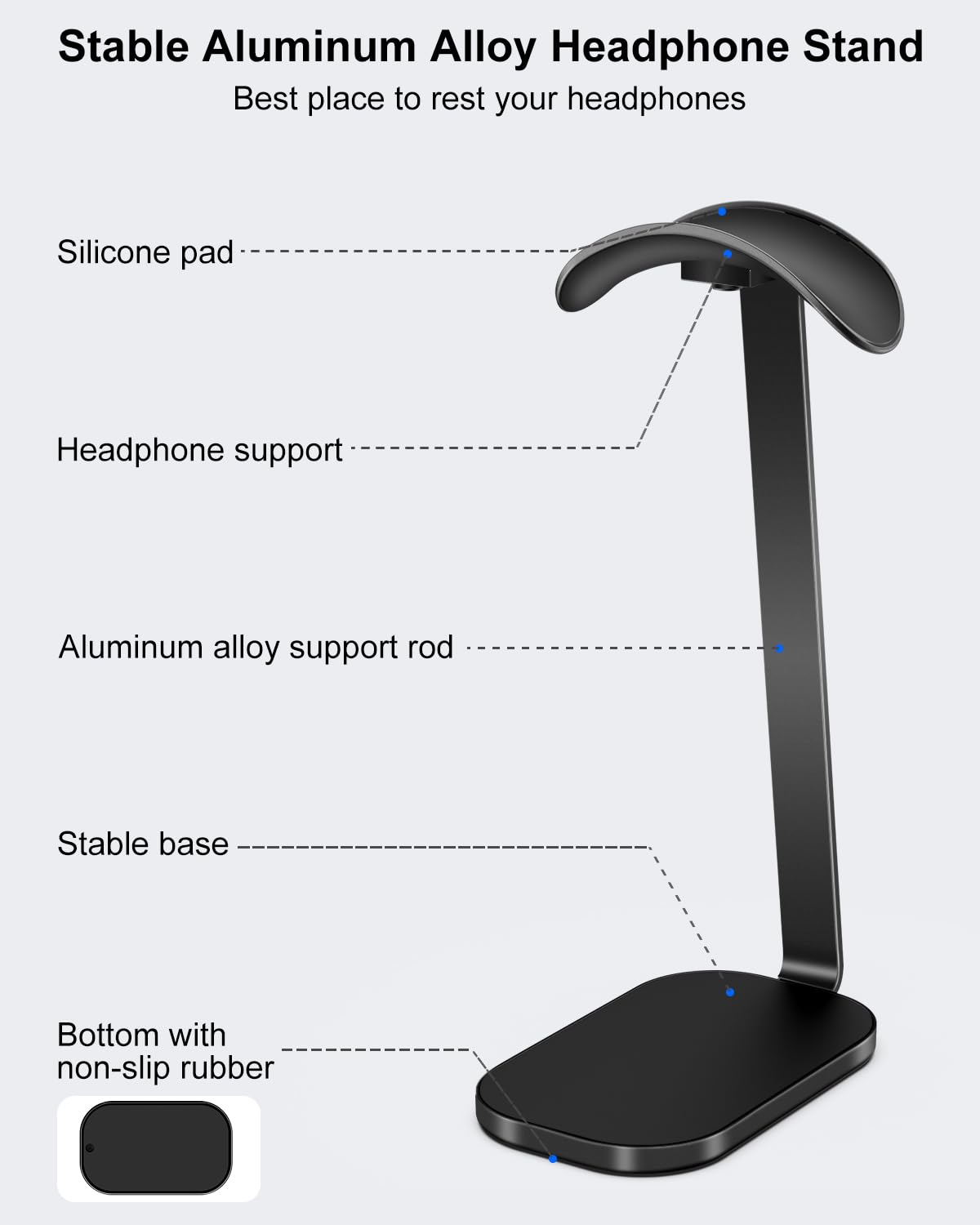 VICHYIE headphone stand aluminum rod supports secure placement.