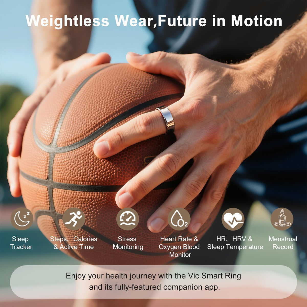 Victormont ring on hand lifestyle shot during typing to show comfort and uninterrupted tracking benefit