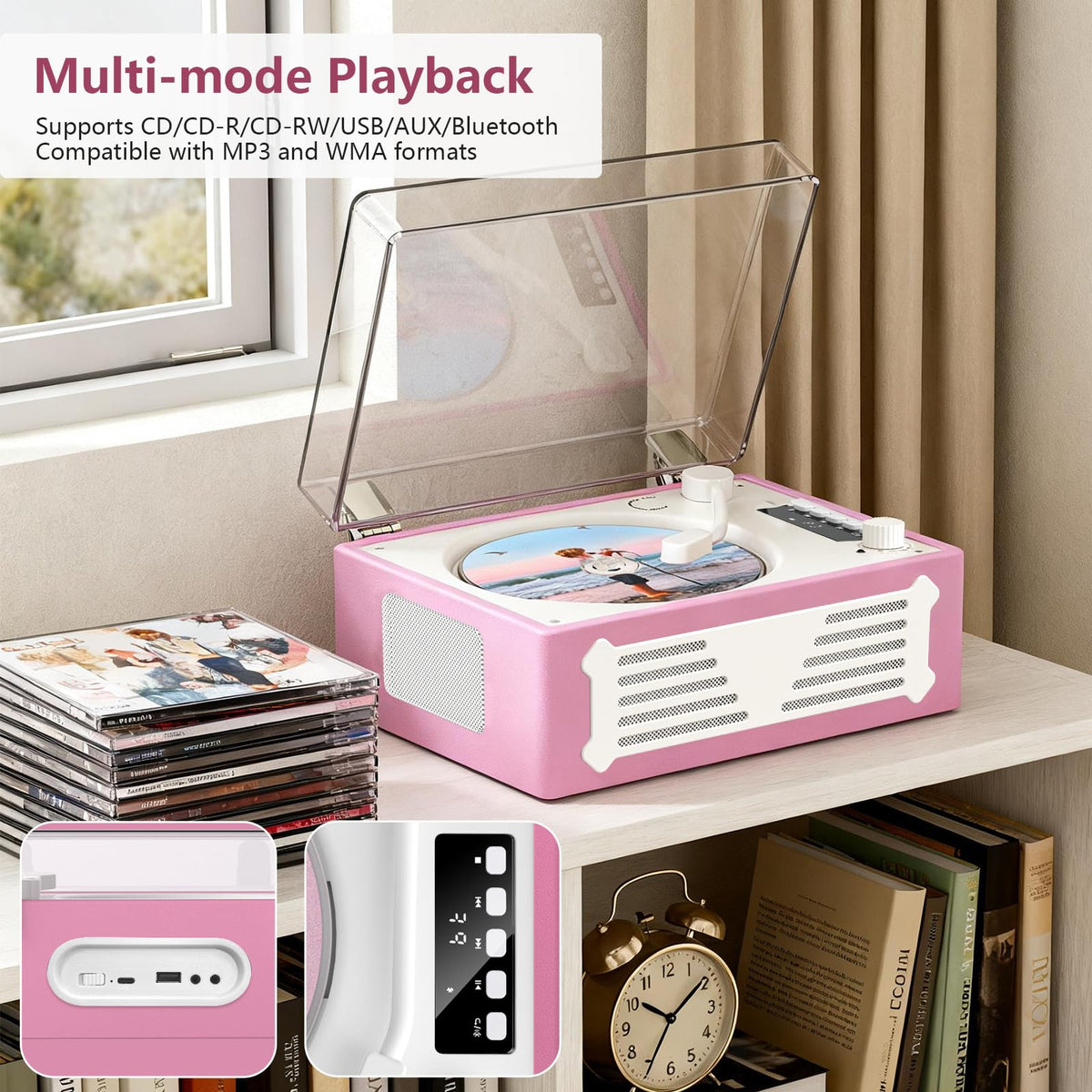 VICTRESS back panel ports with USB, AUX, and headphone jack for versatile connections