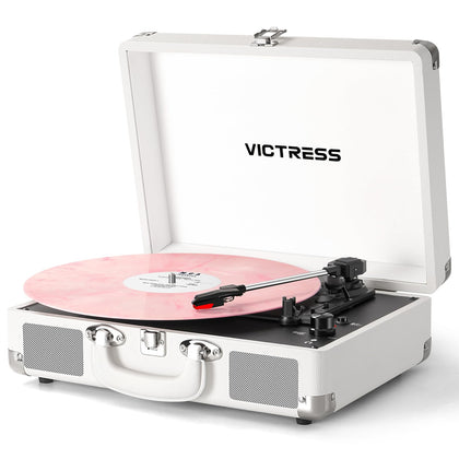 VICTRESS front view showing white suitcase turntable with retro styling and immediate playback benefit