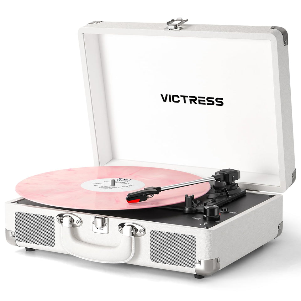 VICTRESS front view showing white suitcase turntable with retro styling and immediate playback benefit
