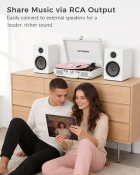 VICTRESS next to a 12-inch record to show scale and compatibility with standard vinyl