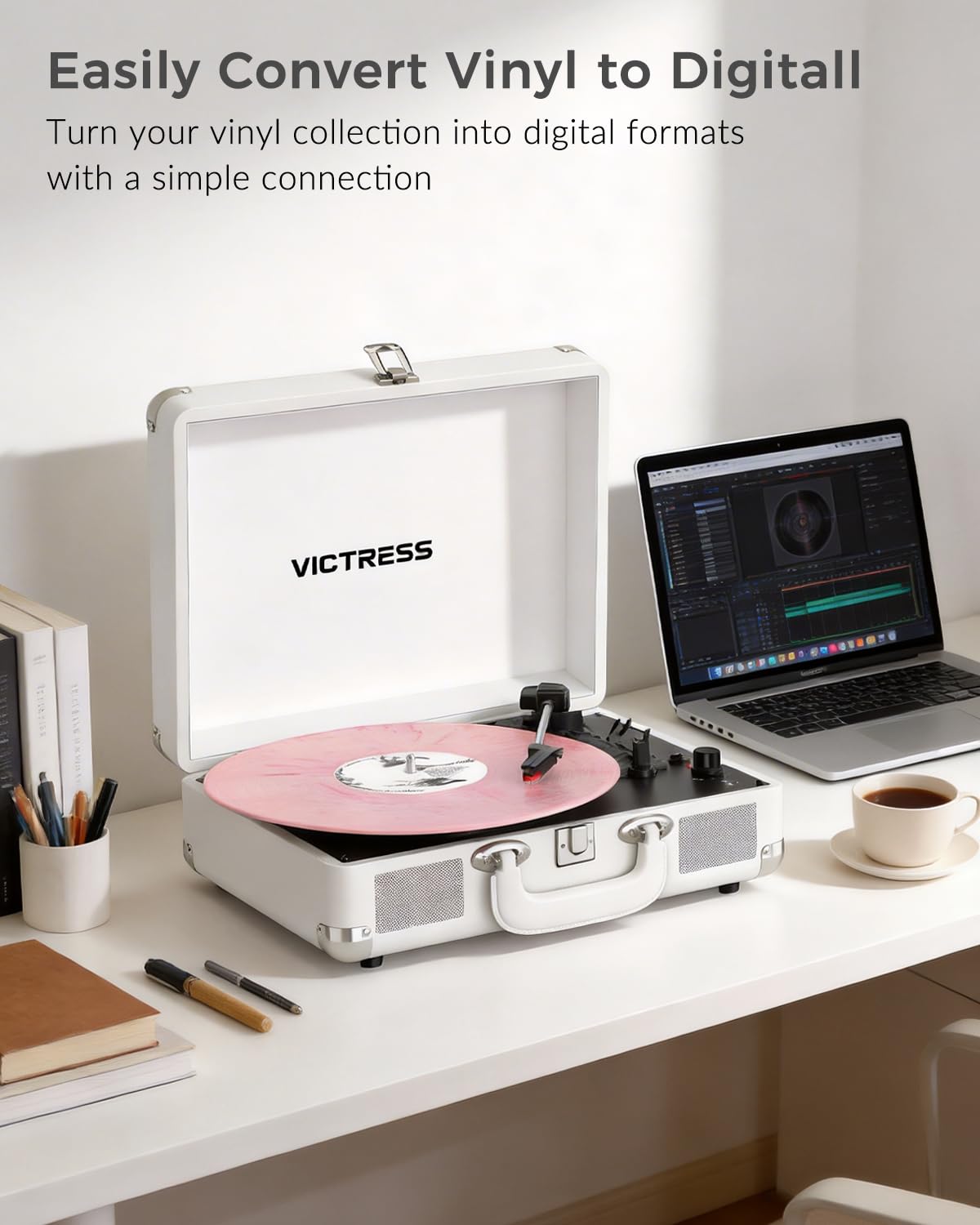 VICTRESS top view showing built-in speakers and controls for easy, all-in-one listening