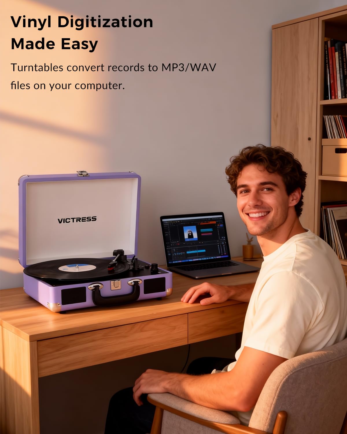 VICTRESS suitcase record player side ports for quick connections to external speakers