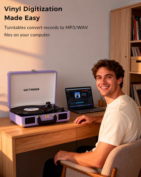 VICTRESS suitcase record player side ports for quick connections to external speakers