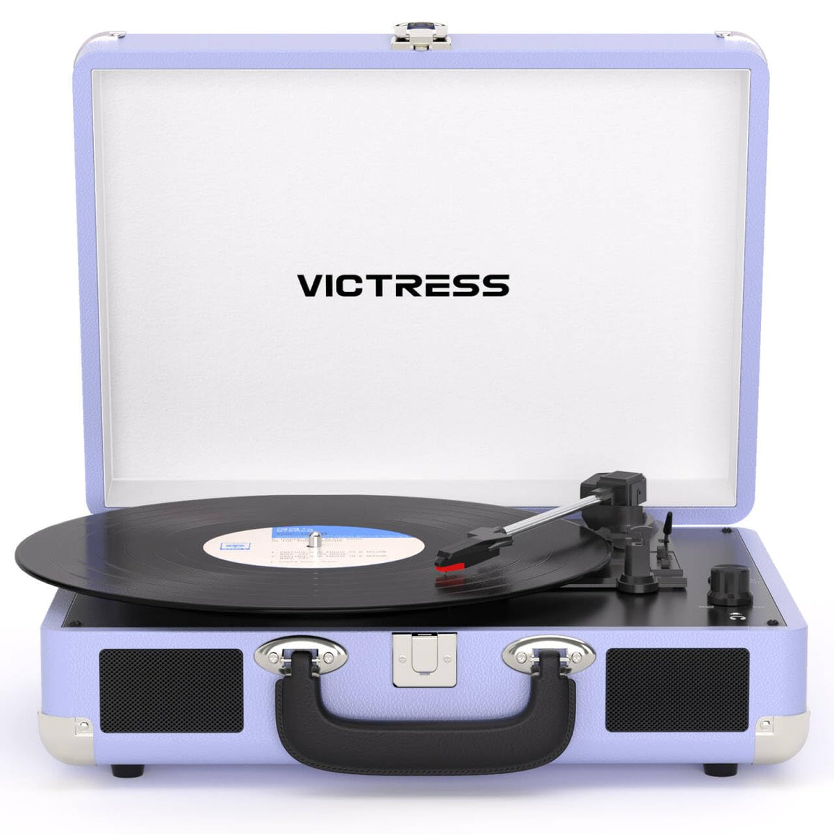 VICTRESS suitcase record player soft purple front view for portable retro listening