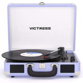 VICTRESS suitcase record player soft purple front view for portable retro listening