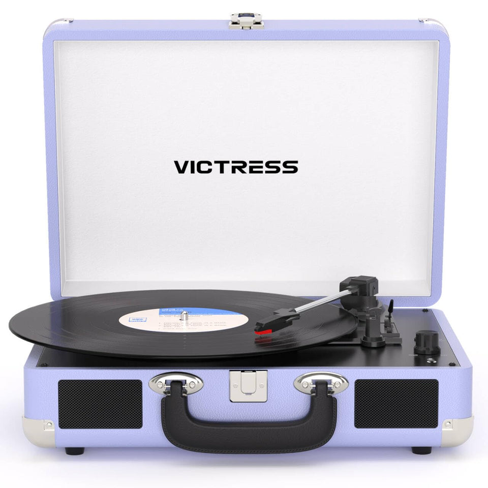 VICTRESS suitcase record player soft purple front view for portable retro listening