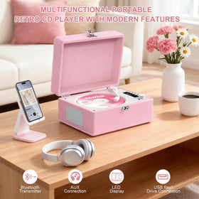VICTRESS top-loading CD lid open displaying disc tray for quick playback