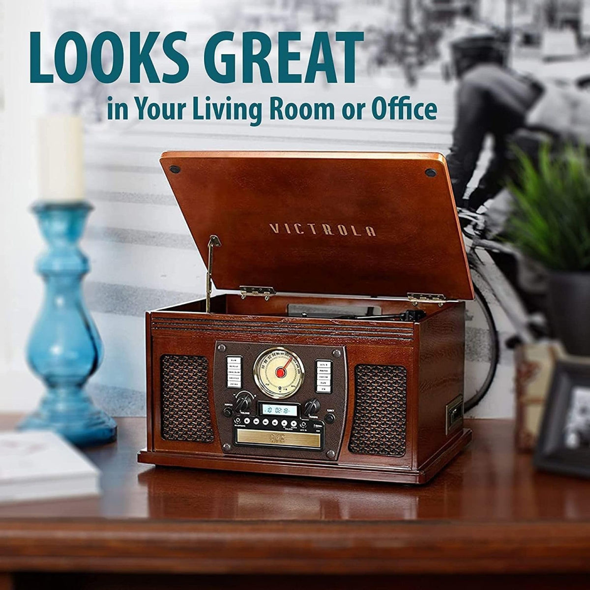 Victrola Aviator 8-in-1 built-in speakers filling a room with warm audio.