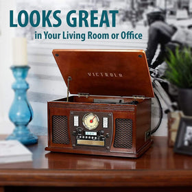 Victrola Aviator 8-in-1 built-in speakers filling a room with warm audio.