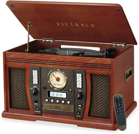 Victrola Aviator 8-in-1 front panel design blends classic wood with modern controls for easy listening.