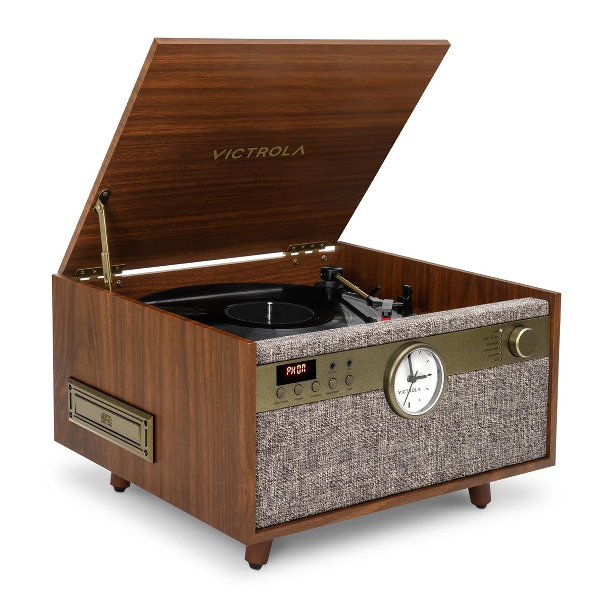 Victrola Century Signature+ clock-lit front view enhances living room ambiance.
