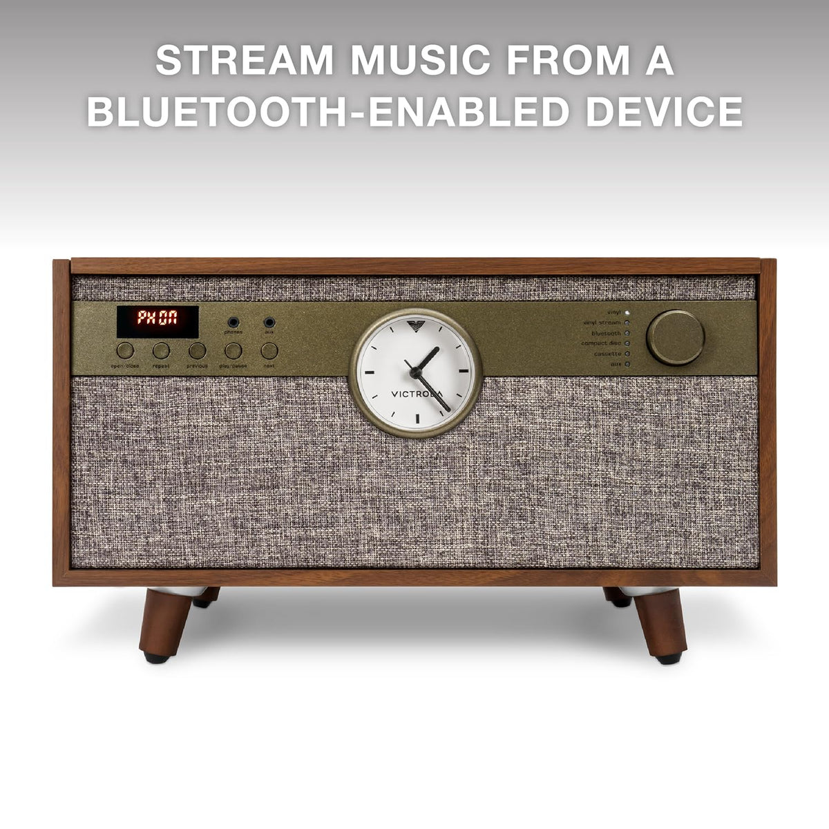 Victrola Century Signature+ vinylstream output lets records stream to Bluetooth speakers.