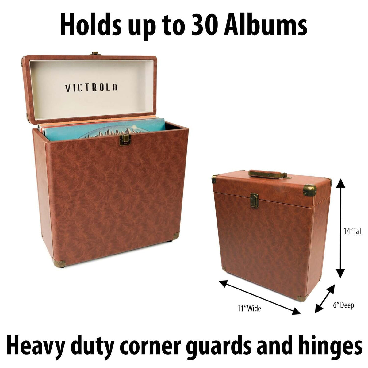 Victrola close-up of heavy-duty hinge and corner guard showing impact protection