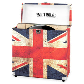 Victrola record case front packaging with UK flag showing stylish, protective storage