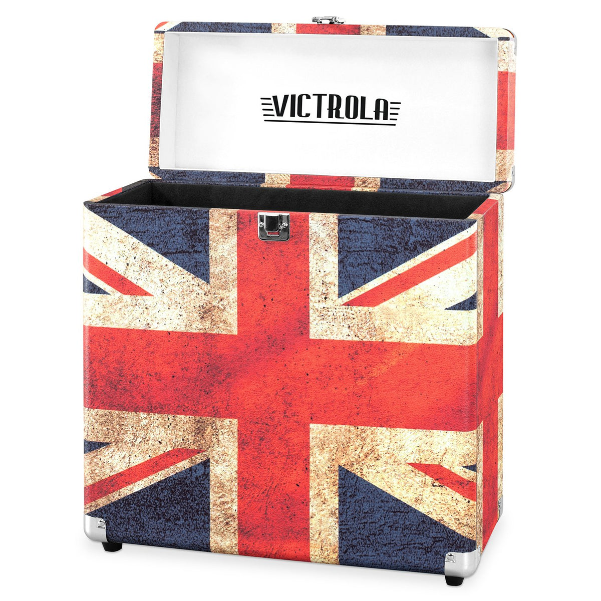 Victrola case held by handle showing portability for transporting 30+ records