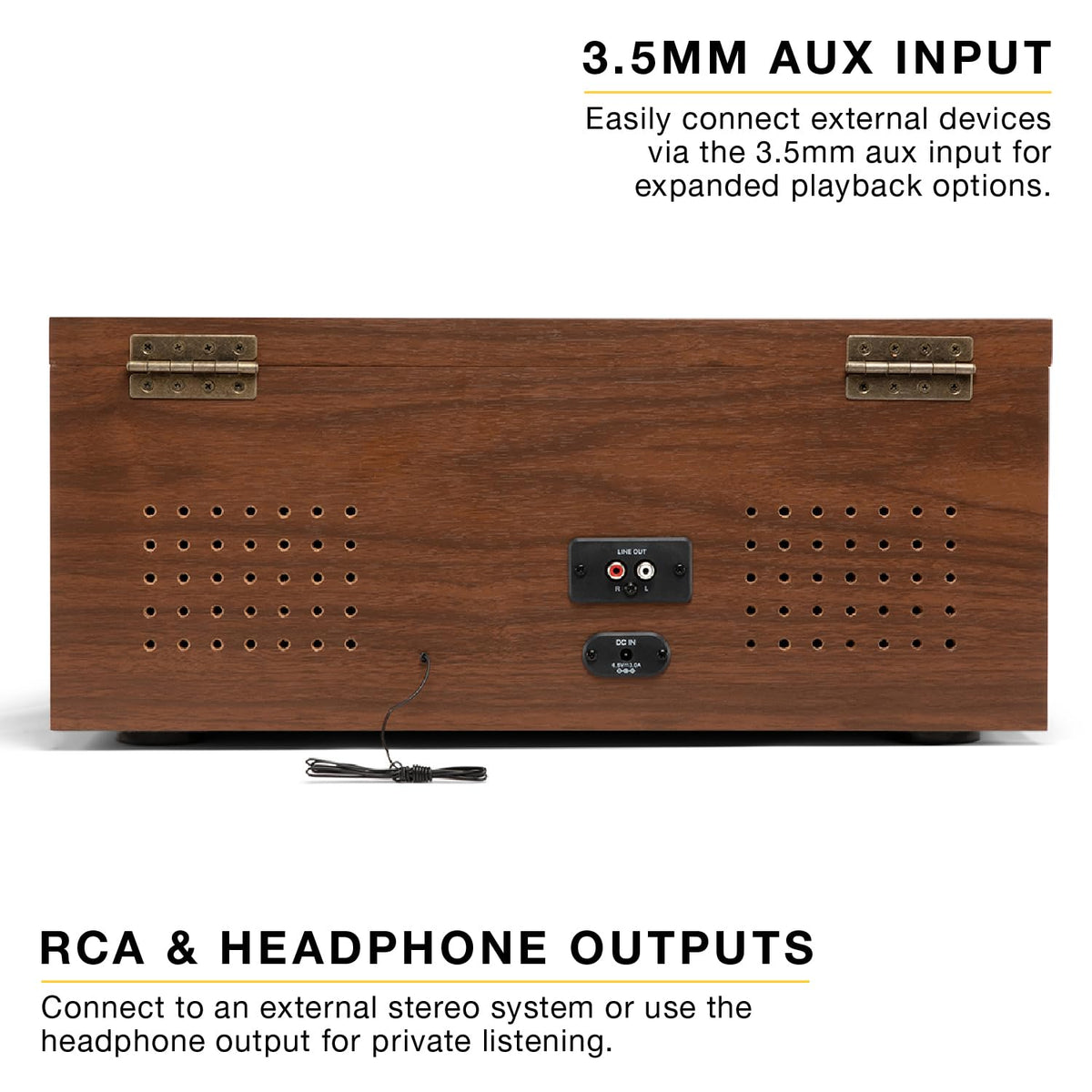 Victrola Empire headphone jack for private listening sessions.