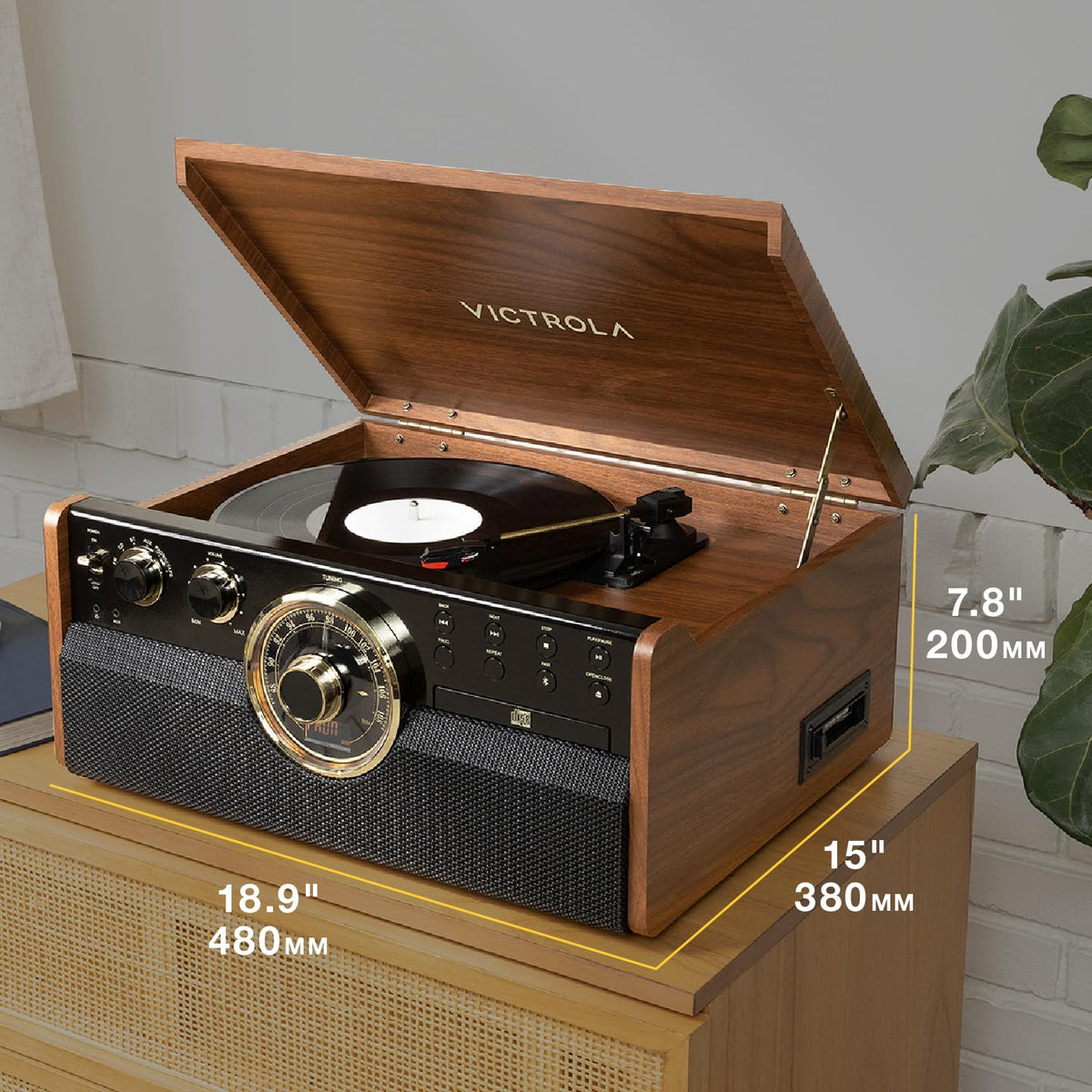 Victrola Empire living room setup blends retro charm with modern convenience.