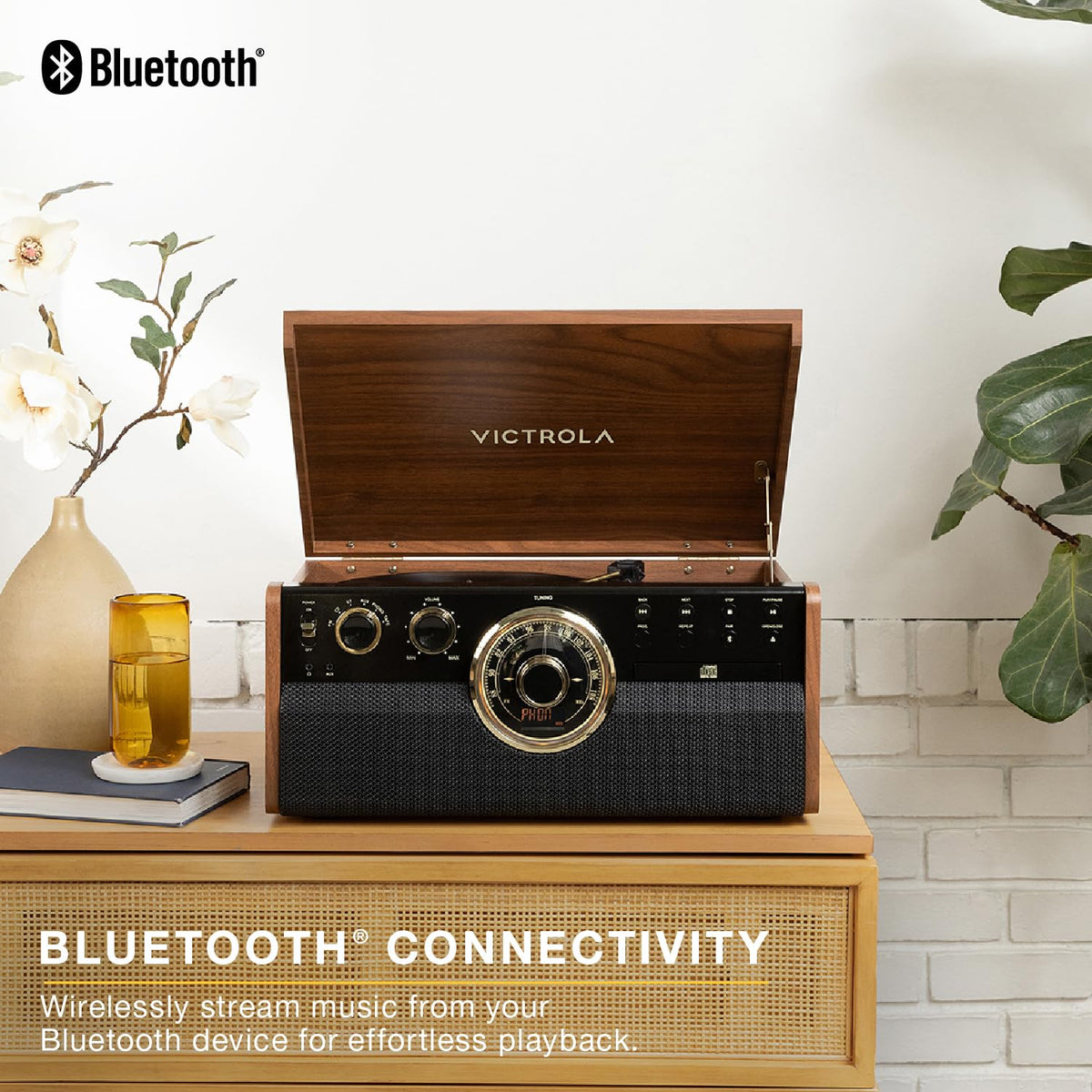 Victrola Empire radio dial with LED ring provides nostalgic ambiance.