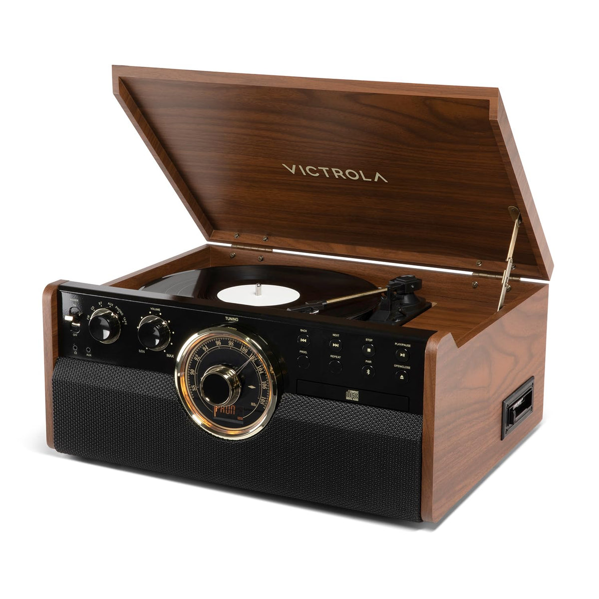 Victrola Empire 6-in-1 front view in walnut finish enhances living room style.