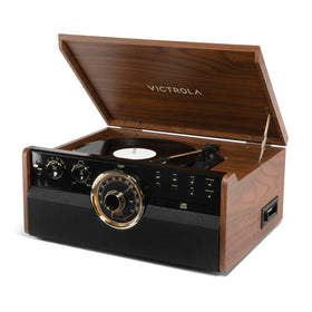 Victrola Empire 6-in-1 front view in walnut finish enhances living room style.