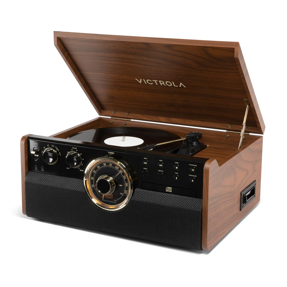 Victrola Empire 6-in-1 front view in walnut finish enhances living room style.