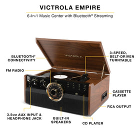 Victrola Empire top close-up shows mid-century design with brass accents and wood grain.
