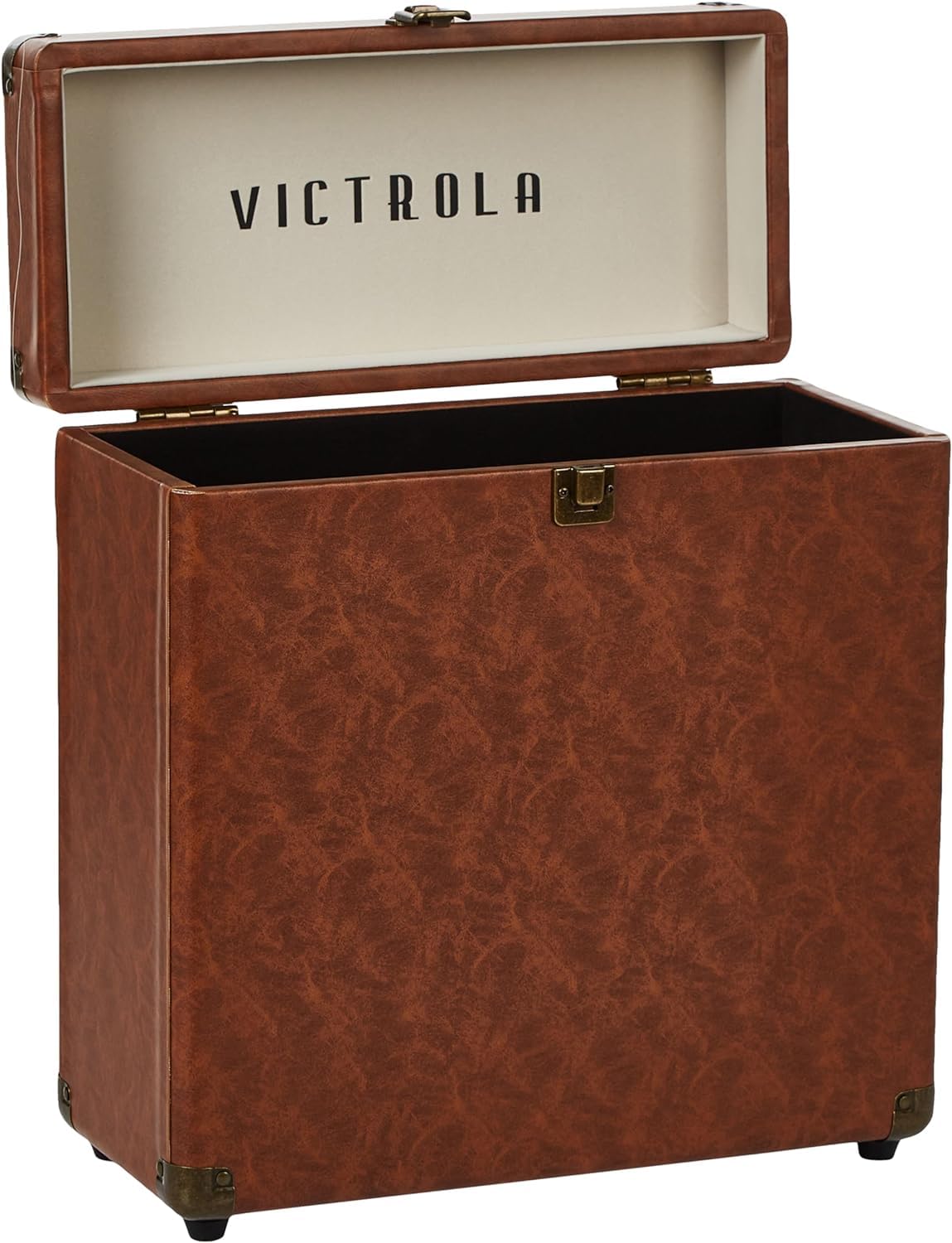 Victrola front view of storage case showing retro style and secure latch for protection