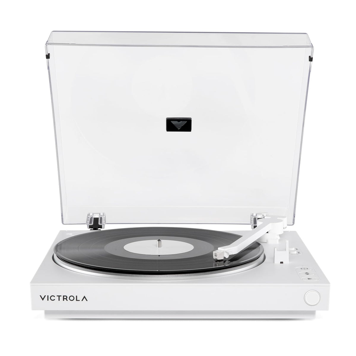 Victrola fully automatic turntable front view highlighting effortless one-touch operation.