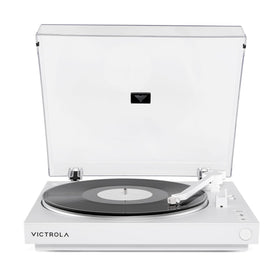 Victrola fully automatic turntable front view highlighting effortless one-touch operation.