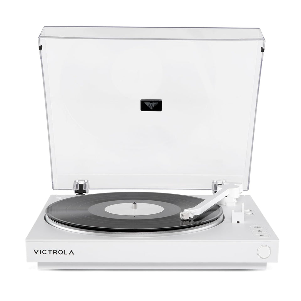 Victrola fully automatic turntable front view highlighting effortless one-touch operation.