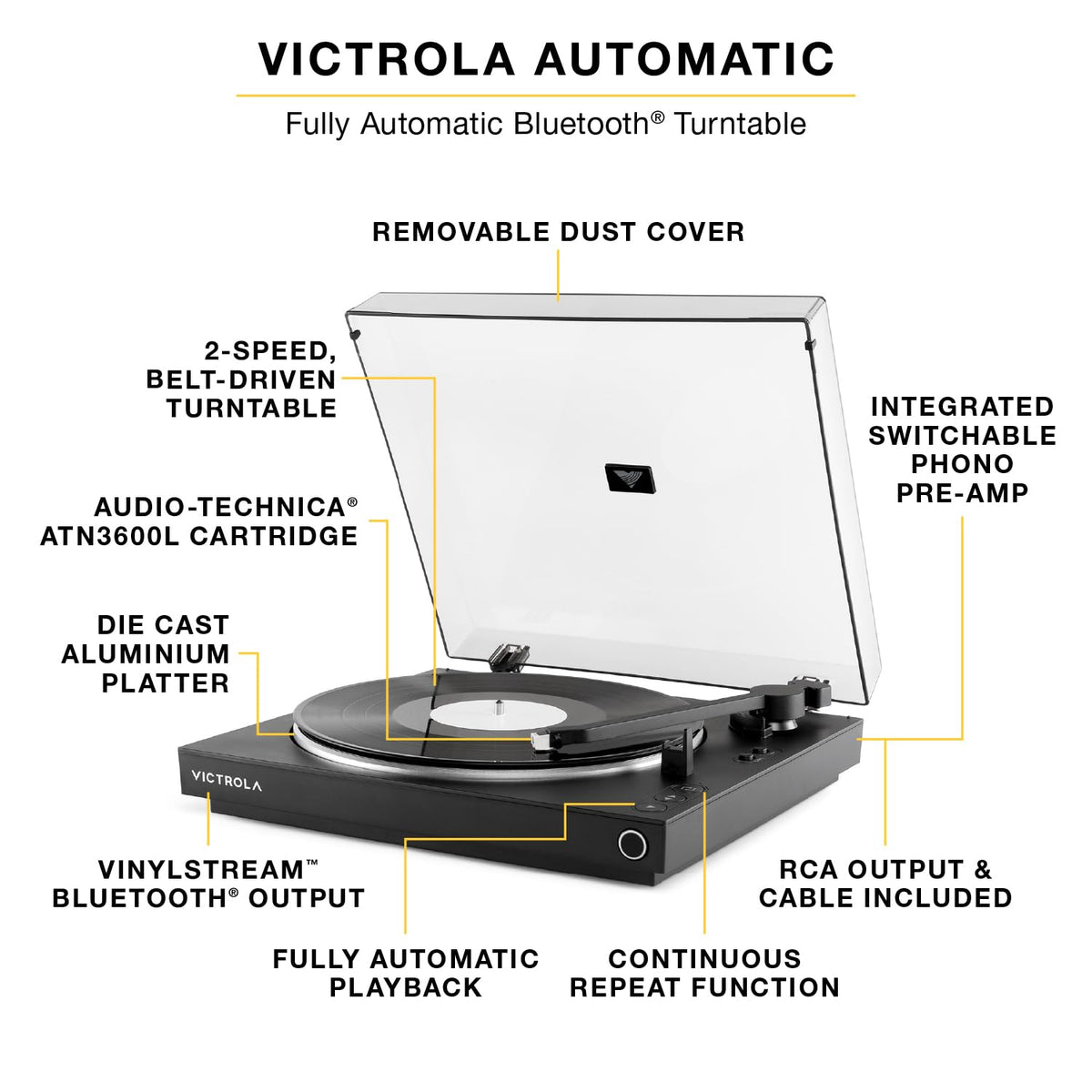 Victrola turntable top view showing sleek design and accessible controls.