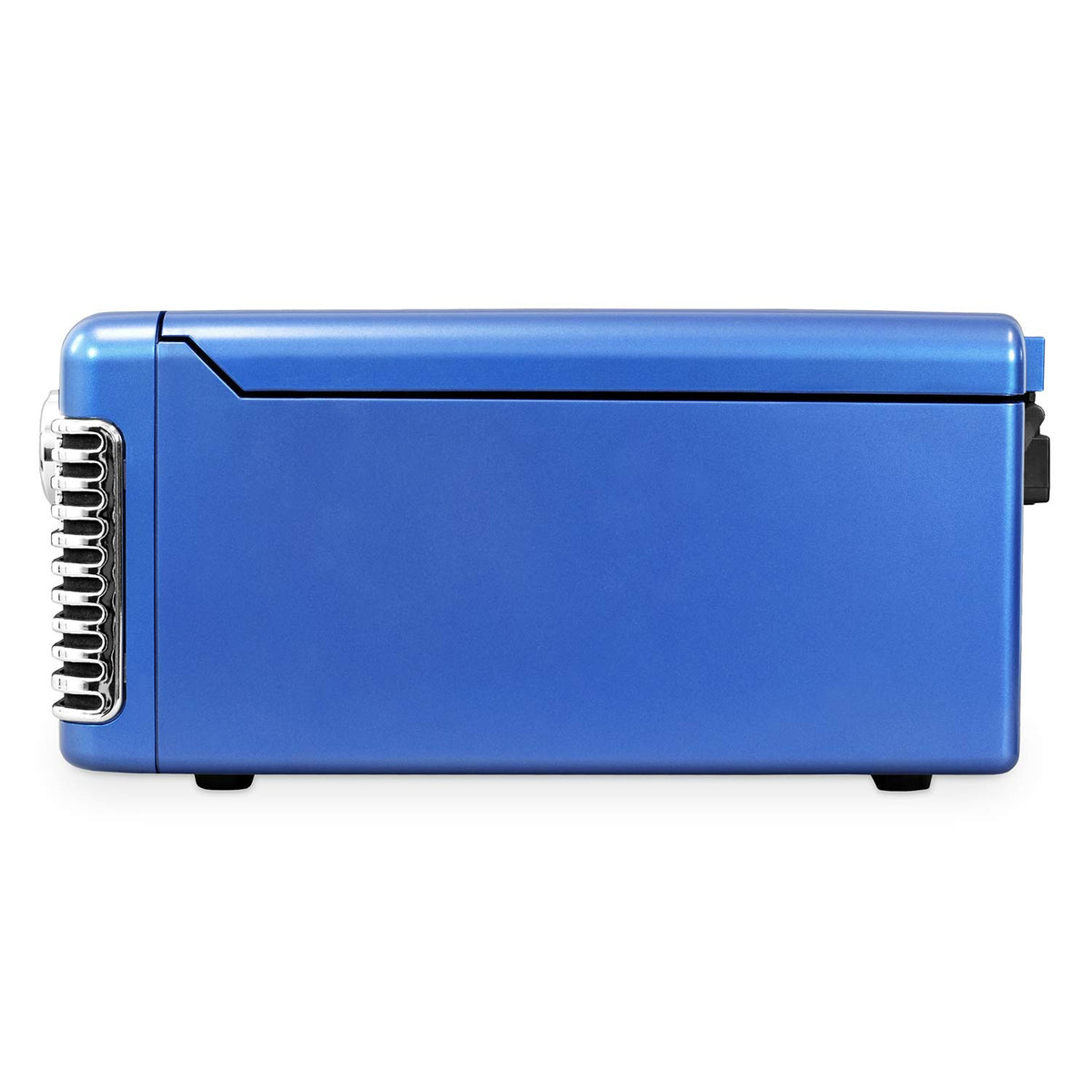 Victrola Haley blue LED display highlights playback controls in low light.