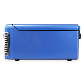 Victrola Haley blue LED display highlights playback controls in low light.