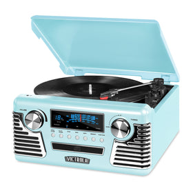 Victrola Haley Teal front view with built-in speakers for easy listening.