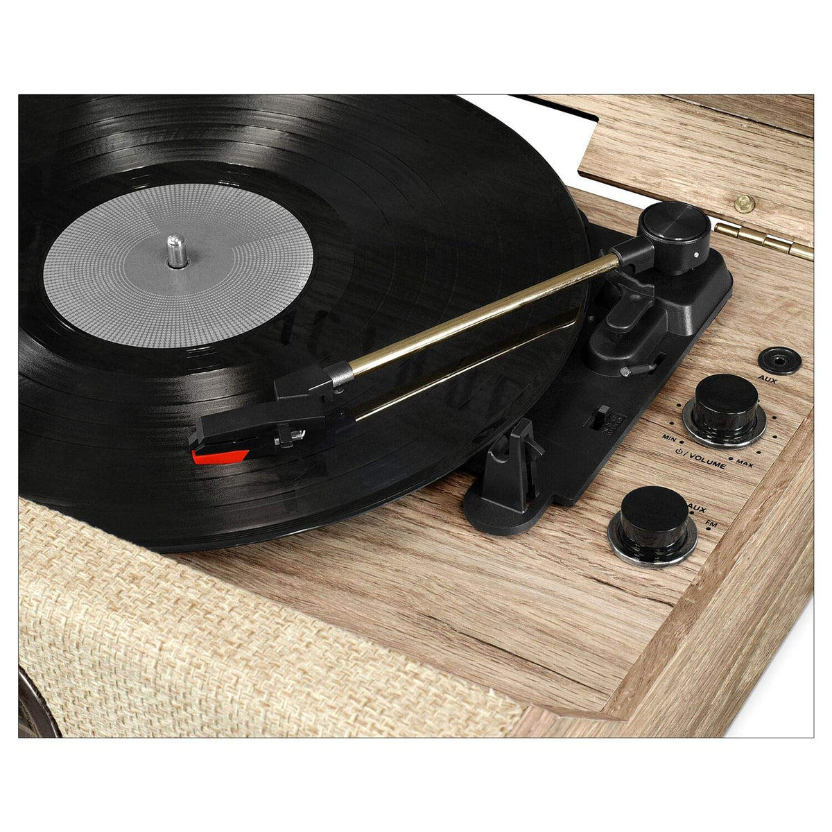 Victrola Highland FM radio dial with LED lighting for nostalgic, easy tuning.