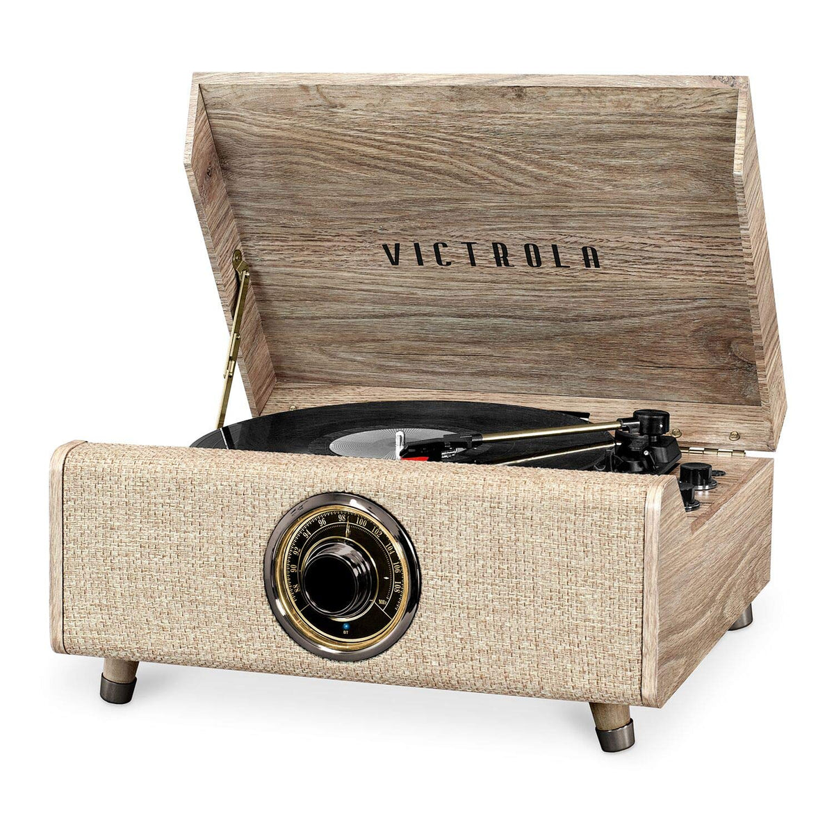 Victrola Highland front view with vintage-modern design and compact footprint for living spaces.