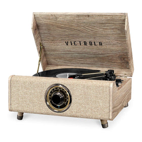Victrola Highland front view with vintage-modern design and compact footprint for living spaces.