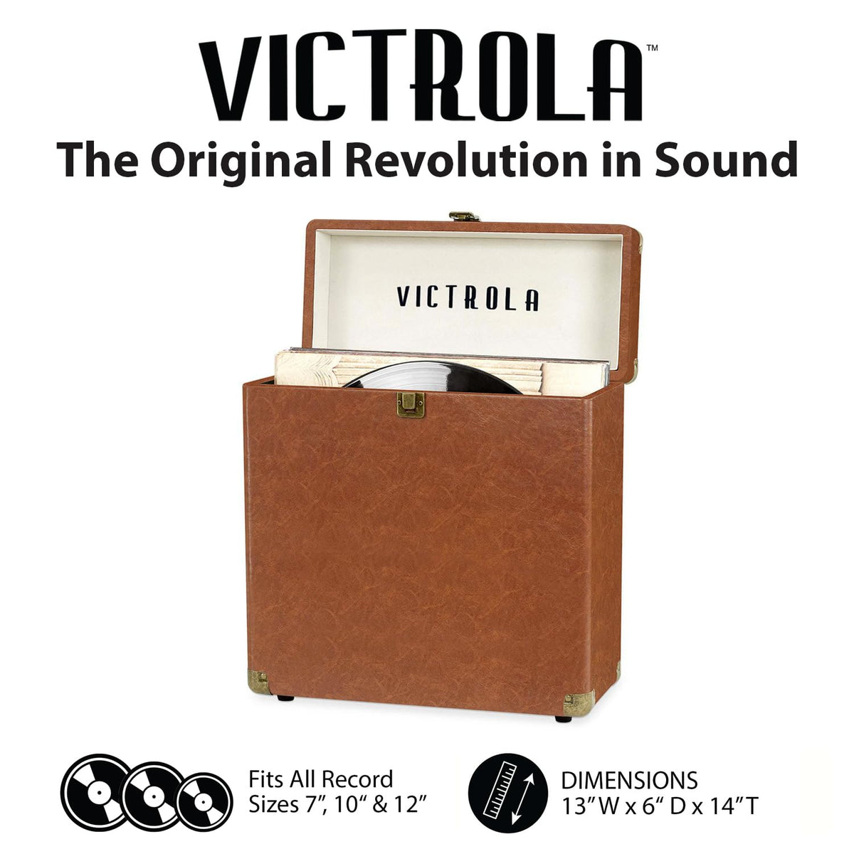Victrola open case with records inside demonstrating organized vertical storage benefit