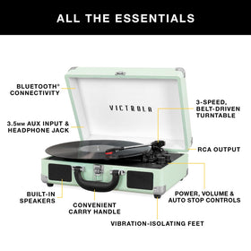 Victrola Journey 3-speed turntable highlights versatile playback options.